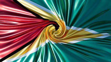 A captivating digital manipulation of Guyana flag, featuring a swirl of its rich green, gold, red, and white hues