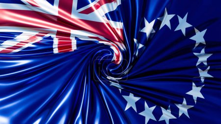 Stylized depiction of the Cook Islands flag featuring the swirling Union Jack and stars against a deep blue backdrop