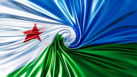 Digital verändertes Bild der Flagge Dschibutis in einem hypnotisierenden Strudel aus Weiß, Grün und Blau