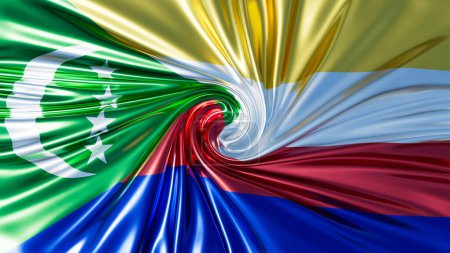 Foto de Impresionante remolino de la bandera de Comoras con verde, blanco, rojo y azul que simboliza la armonía nacional - Imagen libre de derechos
