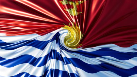 Espiral dramática de la bandera de Kiribati, mezclando rojo vivo con olas de frigatebird azul pacífico y dorado