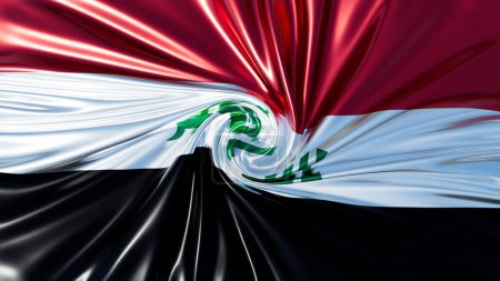 Mouvement tourbillonnant du drapeau irakien, capturant un mélange de couleurs et d'emblème.