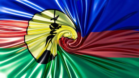 Dynamic portrayal of New Caledonia flag, illustrating national pride with a swirl of blue, red, green, and yellow colors