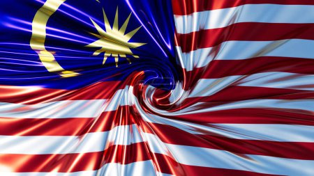 Foto de Vivid remolino de la bandera de Malasia con una media luna dinámica y una estrella estalló contra un telón de fondo sedoso - Imagen libre de derechos