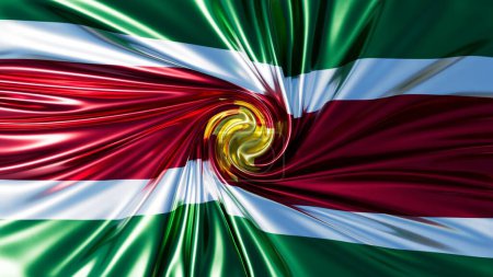 La bandera de Surinam cobra vida en una danza arremolinada, donde el verde simboliza la fertilidad, el blanco la justicia y la libertad, el rojo el progreso, y el amarillo el sacrificio y el amor