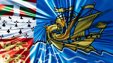 Dieses Bild fängt die wirbelnden Farben der Flagge von Saint Pierre und Miquelon ein, mit dem ikonischen Schiff und den heraldischen Löwen