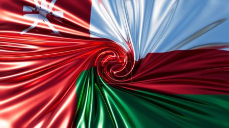Téléchargez les photos : Des tourbillons captivants en rouge, blanc et vert représentent le drapeau d'Oman avec son emblème national distinctif - en image libre de droit