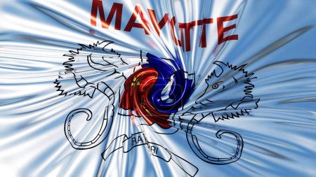 Cela reflète la fierté régionale de Mayotte avec un drapeau tourbillonnant, mettant en vedette Shesha et un parchemin traditionnel.