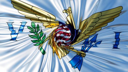 Elegante giro en la bandera de las Islas Vírgenes de los Estados Unidos con águila simbólica y letras.
