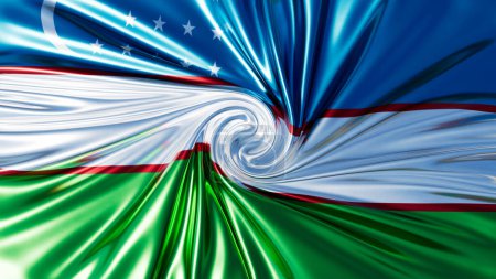 Foto de Exhibición vívida de colores de la bandera de Uzbekistán, con una media luna y estrellas en medio de un patrón arremolinado. - Imagen libre de derechos