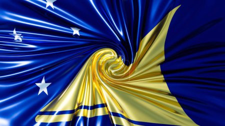 Eine wirbelnde Wiedergabe der blauen und gelben Farbtöne der Tokelau-Flagge, geschmückt mit weißen Sternen, die ein lebendiges, dynamisches Muster erzeugen.