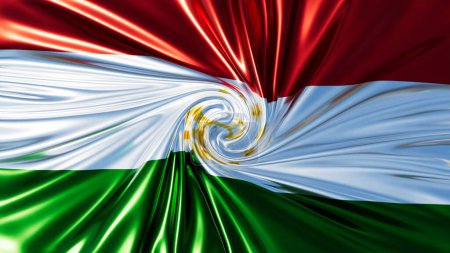 Una cautivadora interpretación abstracta de la bandera de Tayikistán con un remolino blanco, verde y rojo alrededor de un emblema central de la corona dorada.