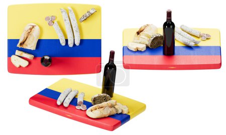 Showcasing Colombia flag, a selection of fine cheeses, meats, bread, accompanied by a robust red wine.