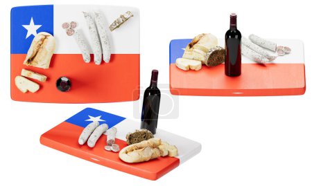 A tasteful Chilean flag display with fine wine, select cheeses, cured meats, and traditional bread.