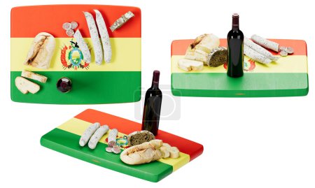 A vibrant Bolivian flag forms the canvas for an array of native cheeses, meats, bread, and a bottle of red wine.