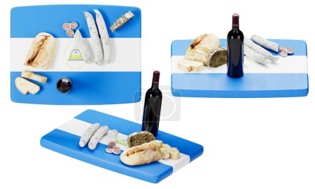 Nicaragua pride displayed through an assortment of local cheeses, cured meats, bread, and wine on the national flag.