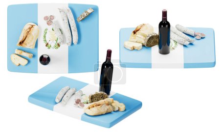 This image tastefully displays Guatemalan artisanal breads, sausages, and wine on a tray emblazoned with the Guatemalan flag.