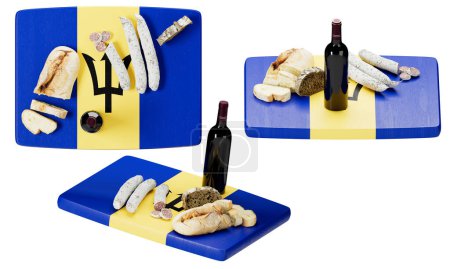 Le drapeau Barbado est la toile de fond d'une sélection délicieuse de fromages gastronomiques, de charcuteries, de pain artisanal et d'une bouteille de vin rouge..