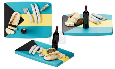 The Bahamian flag elegantly showcases a selection of local cheeses, meats, bread, and a fine bottle of red wine