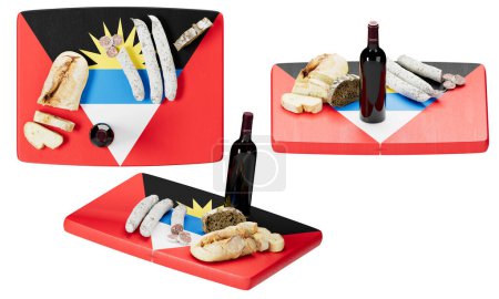 Elegantly laid on Antigua and Barbuda's flag, a gourmet array of cheeses, meats, bread, and wine, celebrating Caribbean flavors.