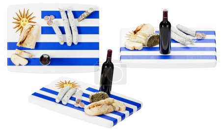 Exquisite array of Uruguayan gourmet cheeses, meats, and bread, elegantly complemented by a bottle of fine red wine on the flag.