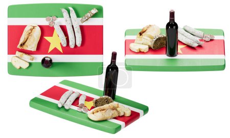Tesoros culinarios Suriname artísticamente colocados en su bandera, destacando quesos, carnes, pan y un rico vino