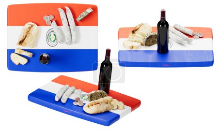 Paraguay heritage celebrated with a spread of traditional cheeses, meats, bread, and red wine on its flag