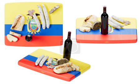 Muestra vívida de la riqueza gastronómica de Ecuador, con quesos locales, carnes curadas, pan y vino en la bandera nacional.