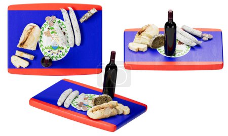 Une collection vibrante de délices culinaires béliziens, avec des pains rustiques, des saucisses artisanales et une bouteille de vin rouge sur un plateau à thème drapeau.