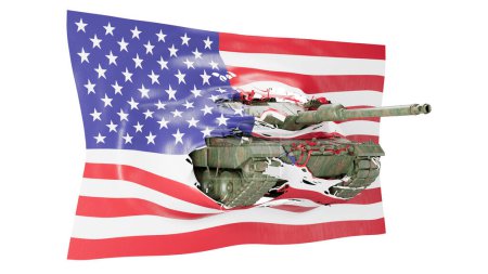 Une image composite qui fusionne un char militaire avec un drapeau de