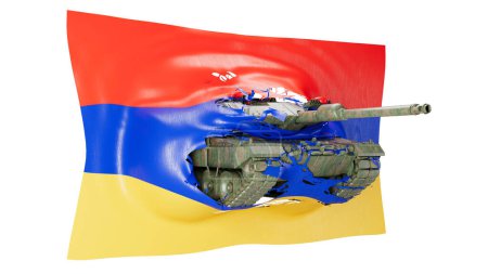 Ein zusammengesetztes Bild, das einen Militärpanzer mit einer gemischten armenischen Flagge verschmilzt, was Einheit bedeutet.