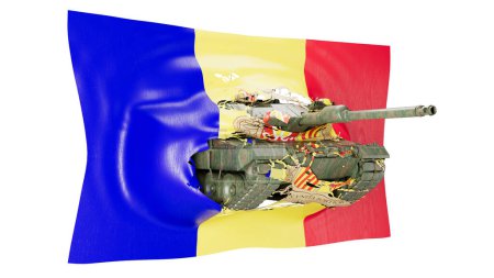 A composite image that fuses a military tank with a flag of andorra mixed, which means unity.