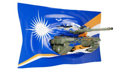 A composite image that fuses a military tank with a flag of Marchall islands mixed, which means unity.