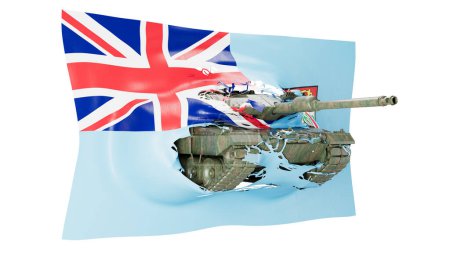 Une image composite qui fusionne un char militaire avec un drapeau de Fidji mixte, ce qui signifie unité.