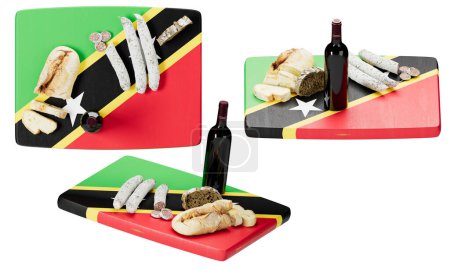 Découvrez les joyaux culinaires de Saint-Kitts-et-Nevis avec cette gamme de fromages, de pain et de vin sur une planche de service inspirée du drapeau.