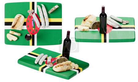 Drapeau de la République dominicaine planches à découper orné d'une propagation de la nourriture traditionnelle et le vin.