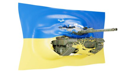 Ein zusammengesetztes Bild, das einen Militärpanzer mit einer Flagge der Ukraine vermischt, was Einheit bedeutet.