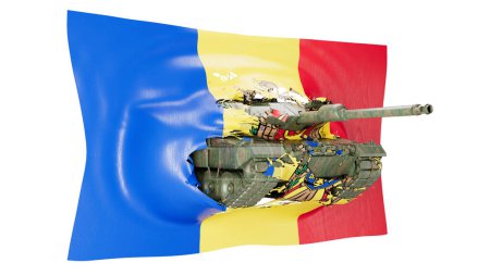 Una imagen compuesta que fusiona un tanque militar con una bandera de