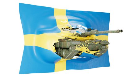 Ein zusammengesetztes Bild, das einen Militärpanzer mit einer Flagge von
