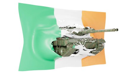 Ein zusammengesetztes Bild, das einen Militärpanzer mit einer Flagge von