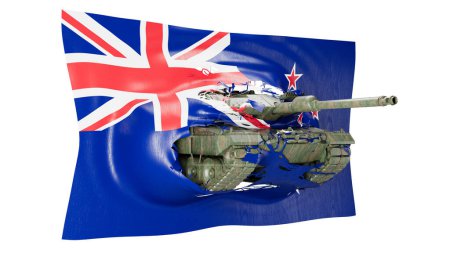 Ein zusammengesetztes Bild, das einen Militärpanzer mit einer neuseeländischen Flagge vermischt, was Einheit bedeutet.