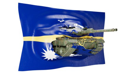 Une image composite qui fusionne un char militaire avec un drapeau de nauru mélangé, ce qui signifie unité.