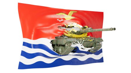 Ein zusammengesetztes Bild, das einen Militärpanzer mit einer Kiribati-Flagge verschmilzt, was Einheit bedeutet.