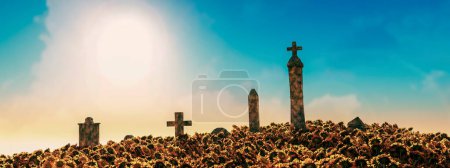 Kreuzgekrönte Denkmäler erheben sich unter der strahlenden Sonne aus einem pulsierenden Sonnenblumenfeld