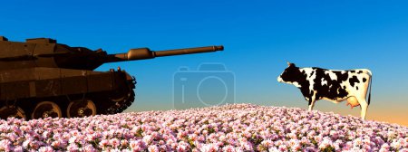 Ein Panzer steht einer Kuh inmitten eines Feldes aus rosa Blumen gegenüber, eine surreale ländliche Szene