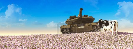Yuxtaposición de poder militar y calma pastoral con una vaca en un campo de flores