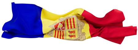 The flag of Andorra gracefully waves, exhibiting its distinctive coat of arms against a backdrop of blue, yellow, and red