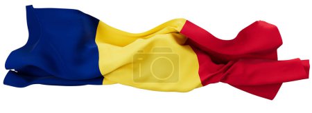 Le drapeau tchadien flotte dans cette image, mettant en valeur ses riches rayures bleues, jaune vif et rouge vif dans un mouvement élégant.