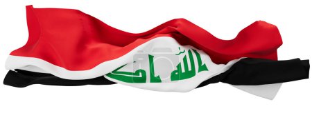 Esta imagen captura la bandera de Irak en una ondulación, con sus rayas rojas, blancas y negras y la escritura árabe verde central