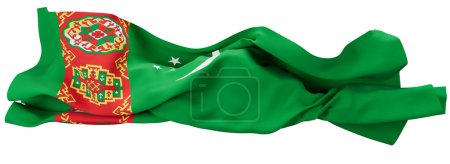 La bandera nacional de Turkmenistán exhibida con su emblema detallado y estrellas sobre un fondo verde profundo.